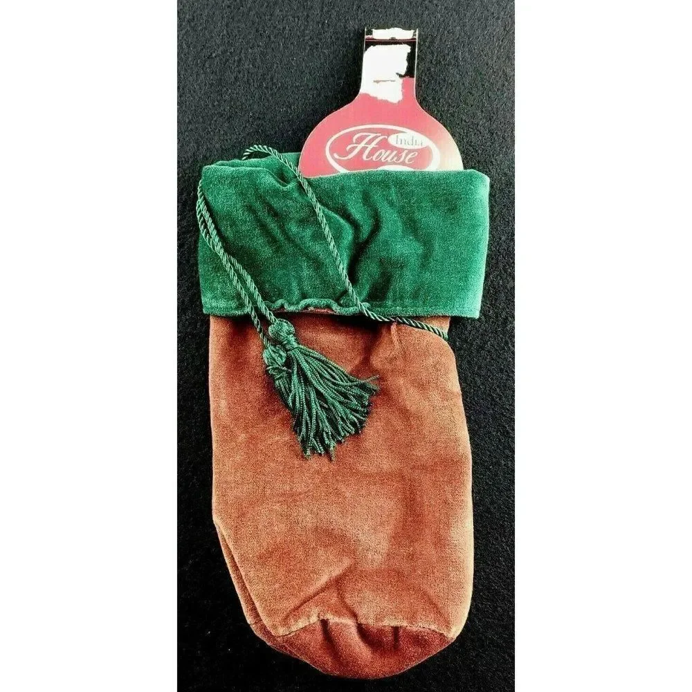 NOS Velvet Wine Gift Bag India House Liquor Tasseled Christmas Burgundy Green